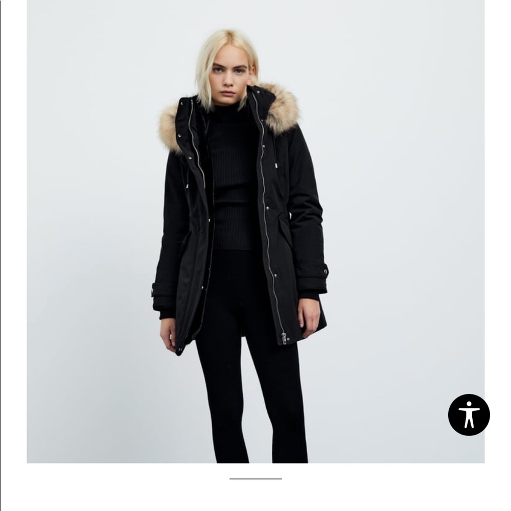Zara Black Puffer Jacket with Tan Fur Hood